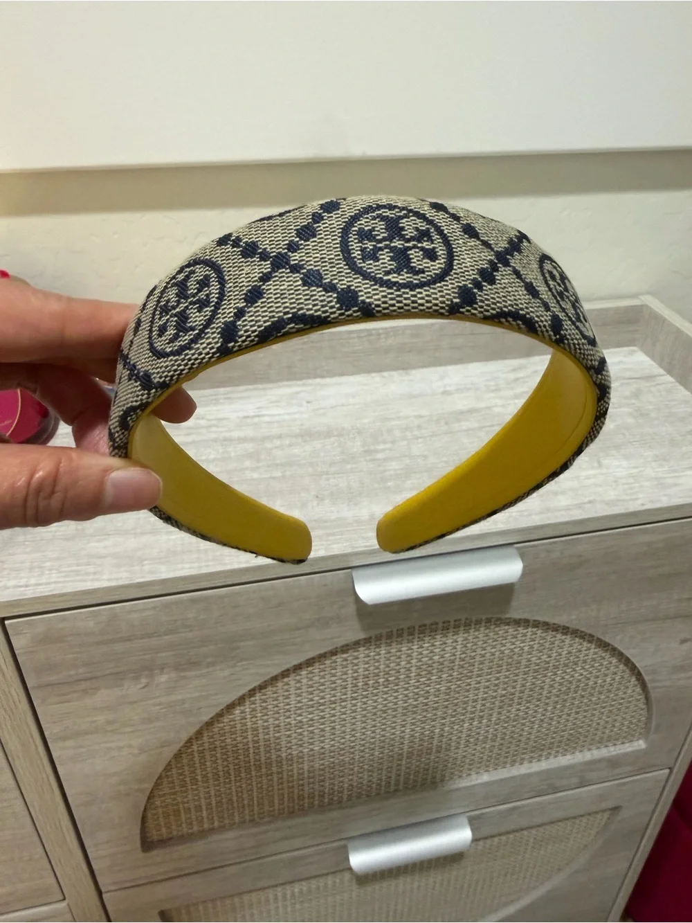 Tory Burch Beige and Navy Blue Logo Headband